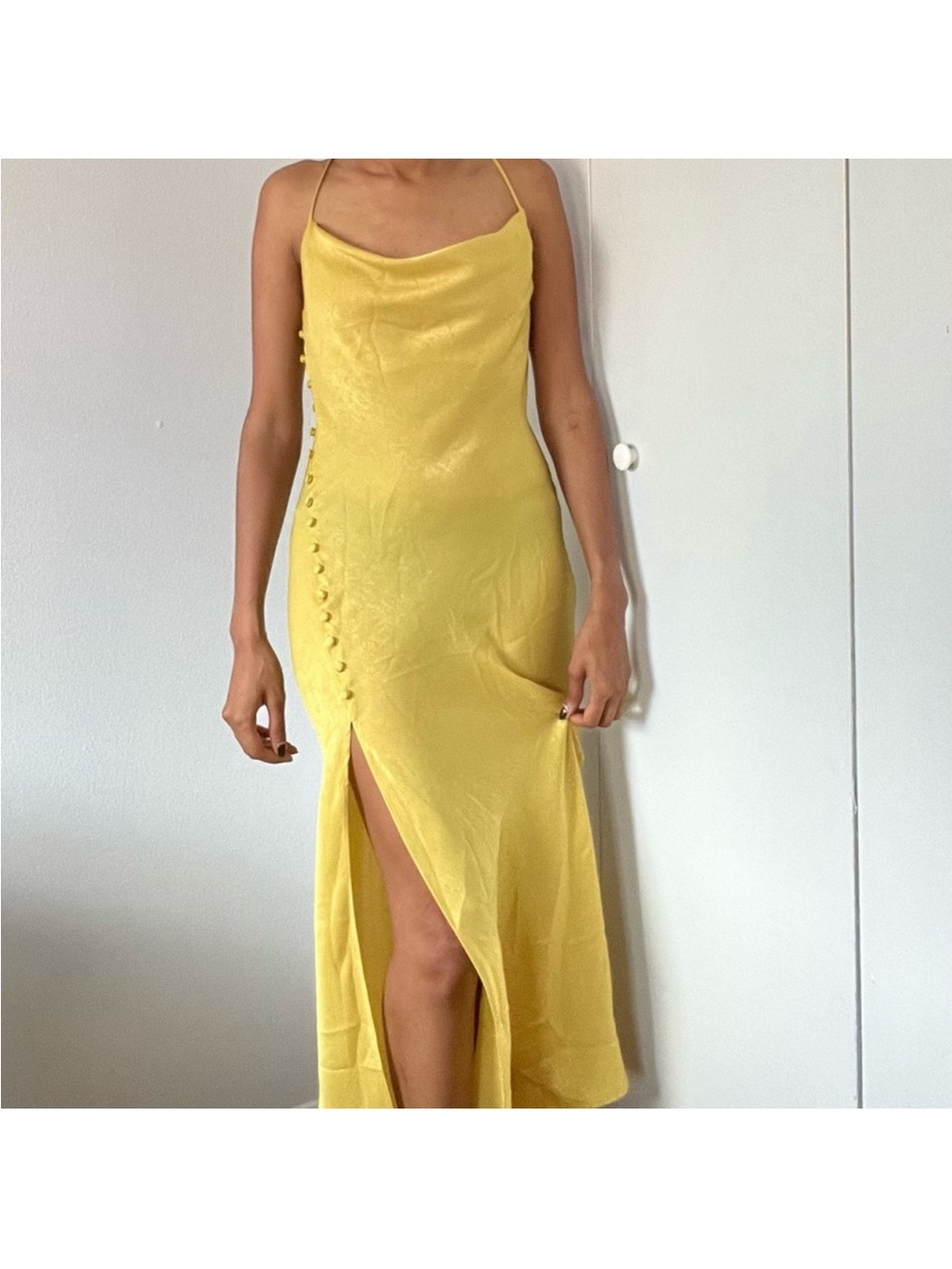 Zara Yellow Slip Midi Dress with Side Button Accents